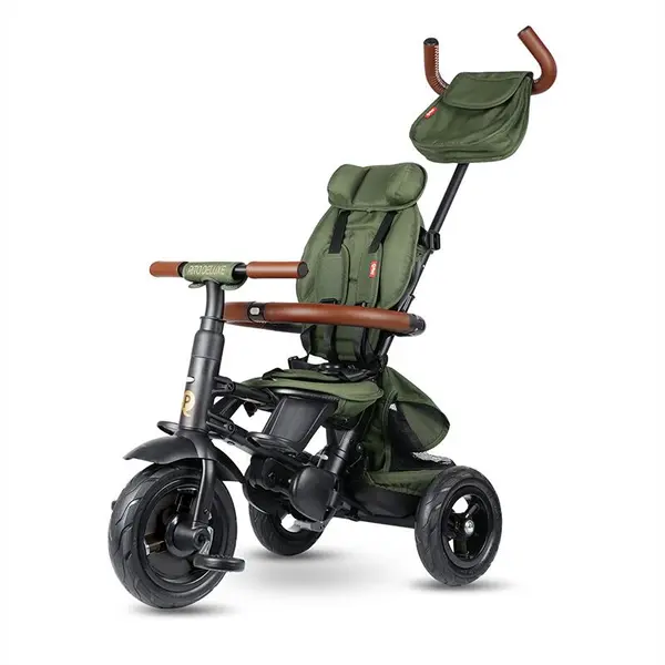 Tricicleta pentru copii Qplay Rito Deluxe verde-maslina, pliabila, cu scaun inalt, matlasat, ajustabil in 2 pozitii, maner cu control al directiei, frana dubla, copertina XXL, detalii de piele ecologica