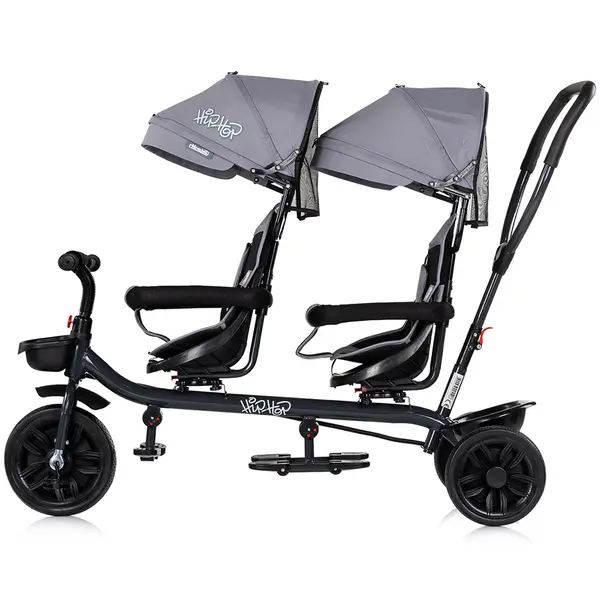Tricicleta pentru gemeni Chipolino Hip Hop Platinum cu sezut rotativ 360 grade, suporturi pentru picioare, bara de protectie, cosulete