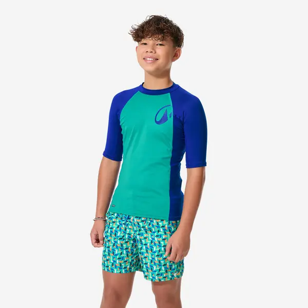 Tricou anti-UV surf 500 UPF50+, UV>95% Albastru și verde Băieți