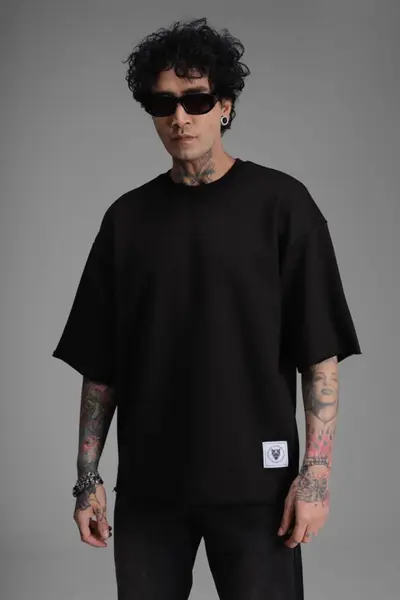 TRICOU BARBATI OVERSIZED BLACK RAW EDGE STREETWEAR (MĂRIME: XL)
