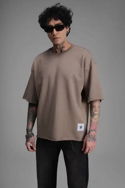 TRICOU BARBATI OVERSIZED CAMEL RAW EDGE STREETWEAR (MĂRIME: S)