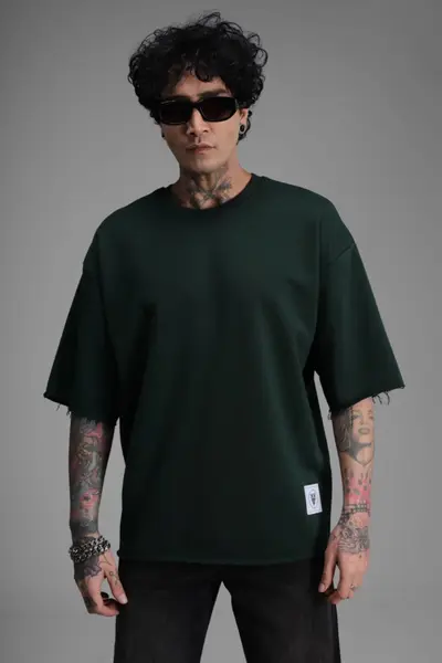 TRICOU BARBATI OVERSIZED DARK-GREEN RAW EDGE STREETWEAR (MĂRIME: L)
