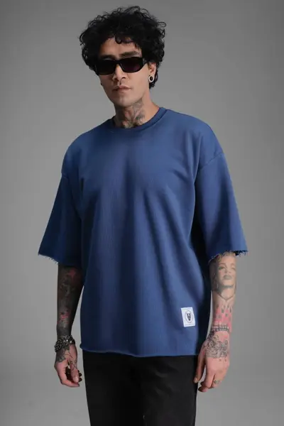 TRICOU BARBATI OVERSIZED INDIGO-BLUE RAW EDGE STREETWEAR (MĂRIME: L)