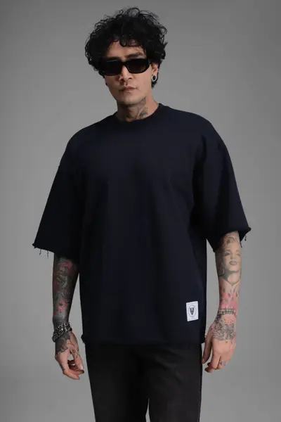 TRICOU BARBATI OVERSIZED NAVY-BLUE RAW EDGE STREETWEAR (MĂRIME: L)