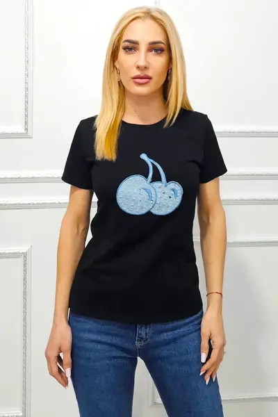 Tricou bumbac AMOO, cu imprimeu in relief si paiete, Blue Cherry Negru