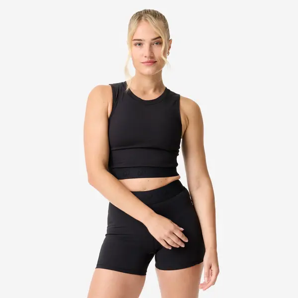 Tricou crop top de sport elastic pe talie Negru Damă