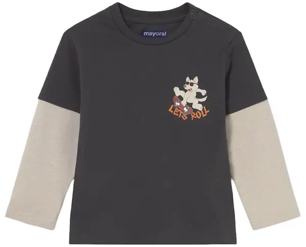 Tricou cu mânecă dublă Mayoral - Cățeluș pe skateboard, gri , 12 luni
