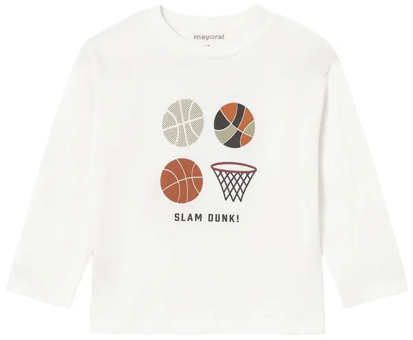 Tricou cu mânecă lungă Mayoral - Imprimeu de baschet, alb, 12 luni