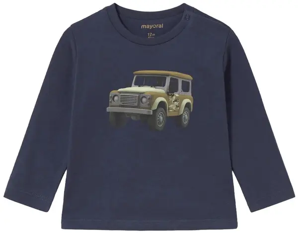 Tricou cu mânecă lungă Mayoral - Jeep de safari, albastru închis, 12 luni