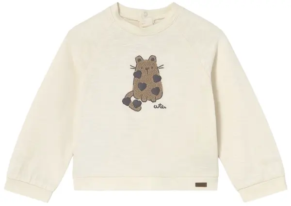 Tricou cu mânecă lungă Mayoral - Pisicuță maro cu inimioare, crem, 18 luni