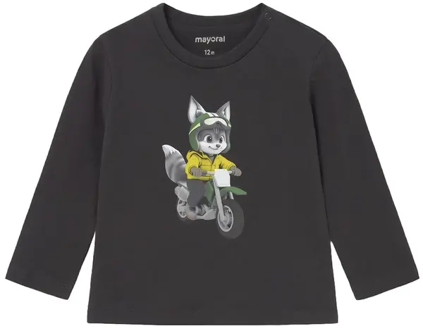 Tricou cu mânecă lungă Mayoral - Pisicuță motociclistă, gri, 18 luni