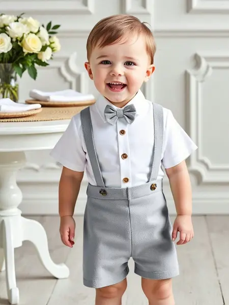 Tricou cu mânecă scurtă cu papion și pantaloni scurți cu bretele - gri / 18-24luni
