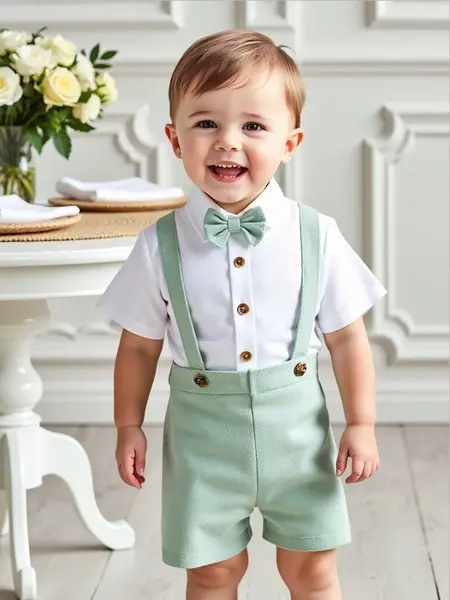 Tricou cu mânecă scurtă cu papion și pantaloni scurți cu bretele - verde / 18-24luni
