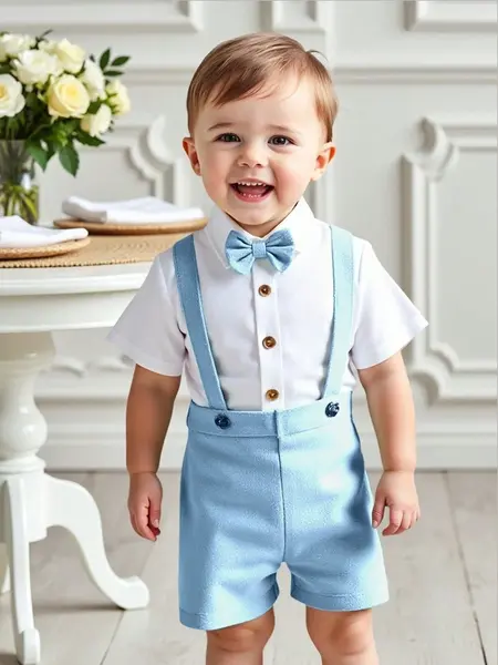 Tricou cu mânecă scurtă cu papion și pantaloni scurți cu bretele - albastru / 9-12luni