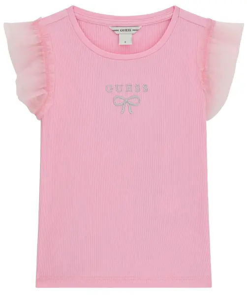 Tricou cu mânecă scurtă Guess - Cu panglică și bucle, roz, 18 luni