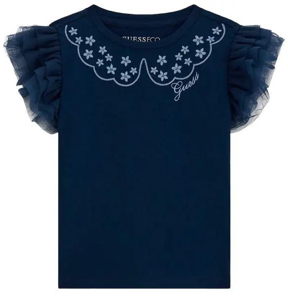 Tricou cu mânecă scurtă Guess - Cu volane, albastru închis, 18 luni