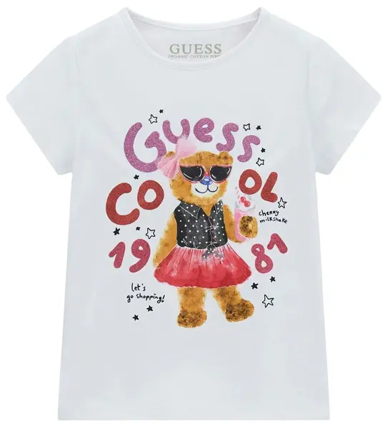 Tricou cu mânecă scurtă Guess - Ursuleț cu rochie, alb, 12 luni
