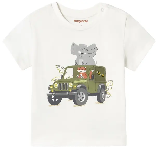 Tricou cu mânecă scurtă Mayoral - Cu aplicație cu animale, alb, 12 luni