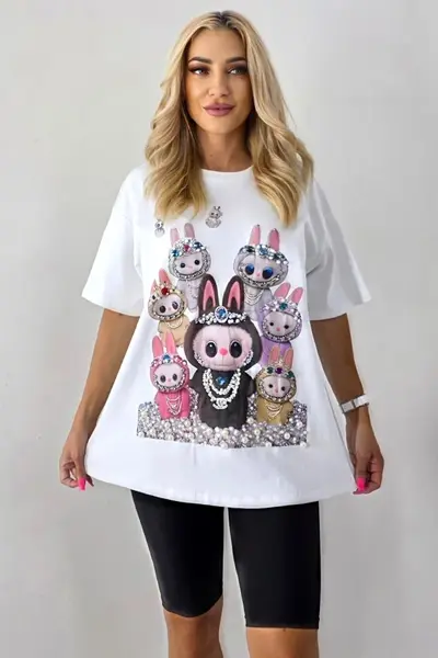 Tricou dama cu print La BuBu, croiala oversize cu perle si cristale, Alb, Marime S/M/L