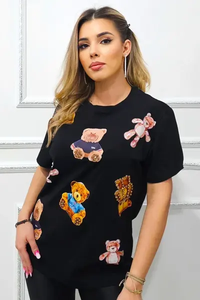 Tricou dama Neo, cu imprimeu ursuleti si cristale aplicate, Sits Down, Negru, Marime S/M