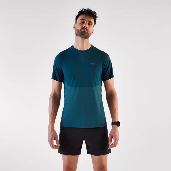 Tricou de alergare confort fără cusături Kiprun Albastru-Galben Bărbați