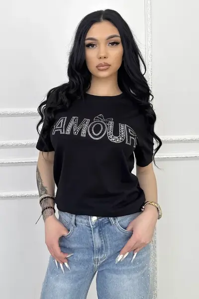 Tricou de dama din bumbac, Lumiamour cu strasuri si logo, Negru