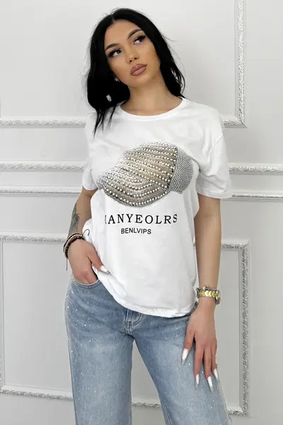 Tricou de dama din bumbac, Lumiberet cu pietre si imprimeu, Alb