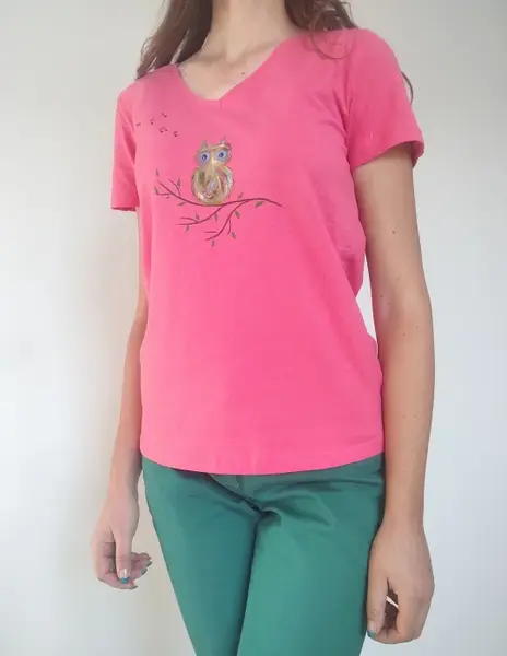 Tricou din bumbac roz cu bufnita pictata manual