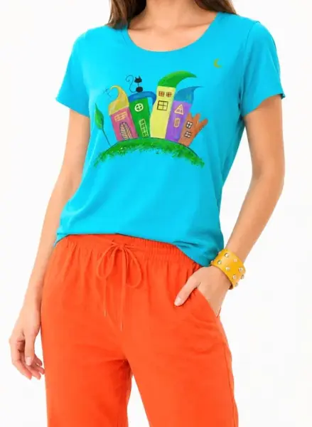 Tricou din bumbac turcoaz pictat manual, cu pisicuta si blocuri colorate,unicat