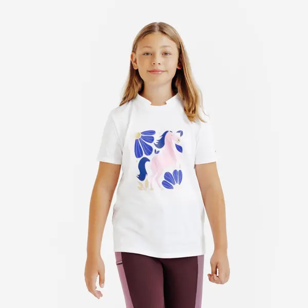 Tricou polo echitație Magic Alb print Copii