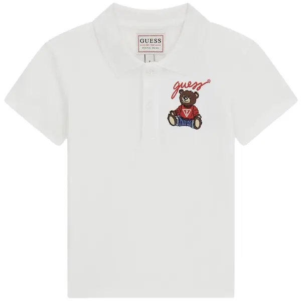 Tricou polo Guess - Cu ursuleț brodat, alb, 18 luni