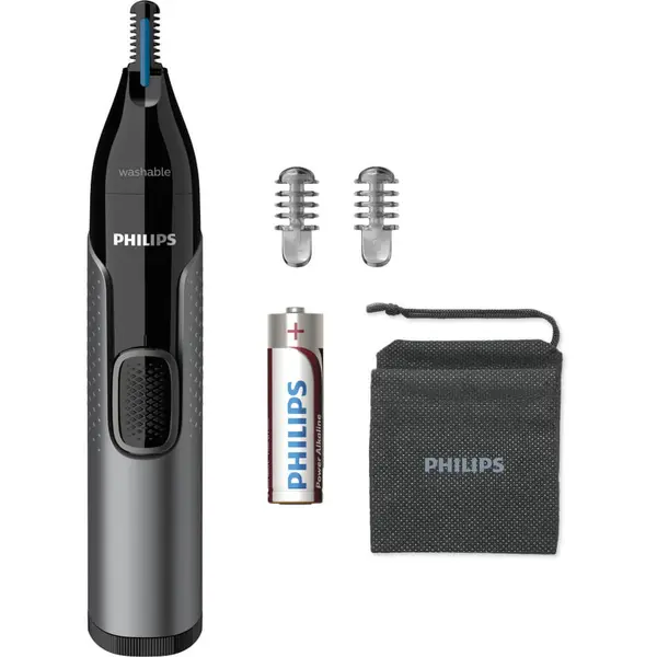 Trimmer pentru nas/urechi Philips NT3650/16, Baterie, Lavabil, Tehnologie Precision Trim, Otel inoxidabil, Pieptene pentru sprancene, Pieptene 5 mm, Gri