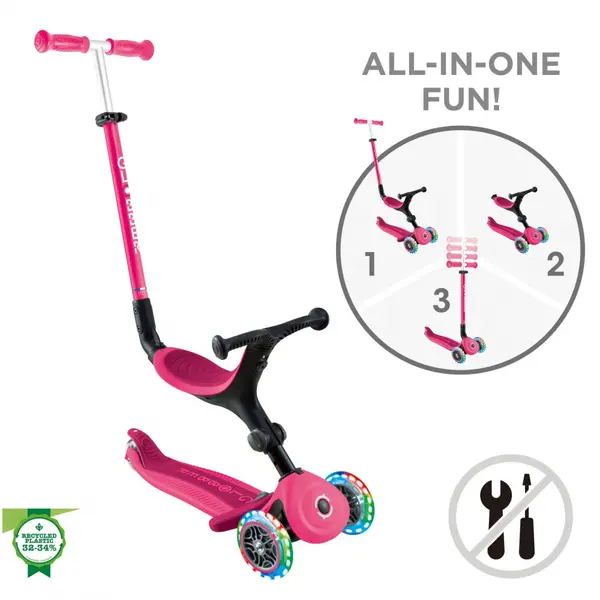 Trotineta 3 in 1 pentru copii Globber Go Up Active Roz, cu maner de impins, scaun si ghidon ajustabile, roti cu lumini LED