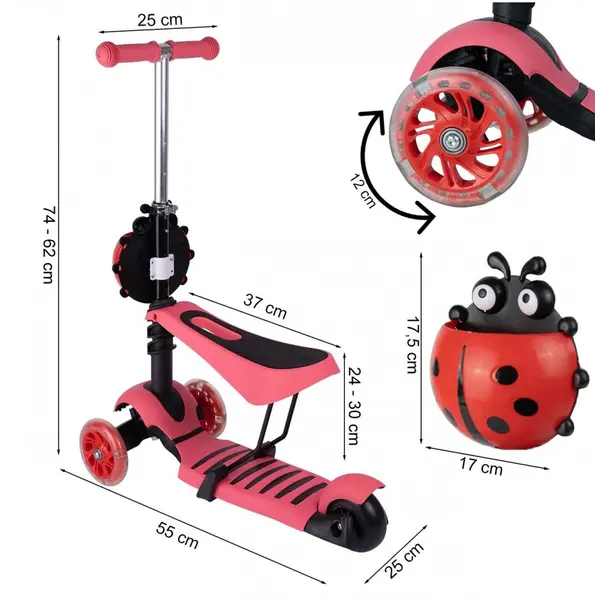 Trotineta 3 in 1 pentru copii, MalPlay, cu roti luminoase led, ghidon si scaunel ajustabile, frana pe roata din spate si cosulet in forma de buburuza, pink ladybug