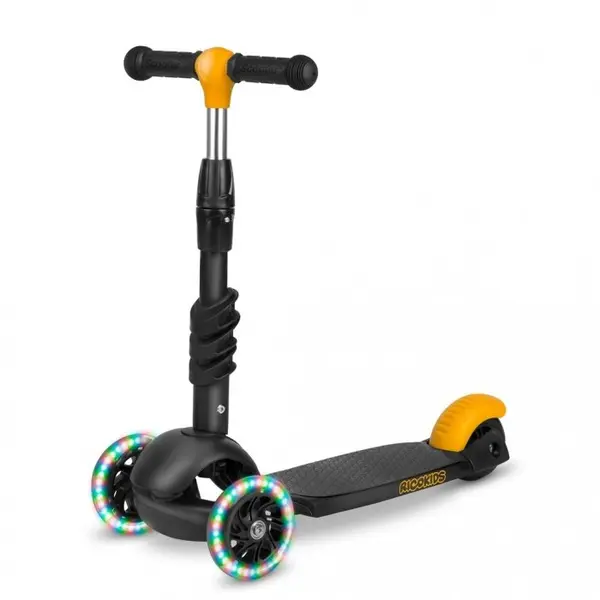 Trotineta 3 in 1 pentru copii Ricokids Cubi NegruGalben cu scaunel,roti cu lumini LED,platforma antiderapanta,cadru din aluminiu,manere ergonomice,greutate suportata 30 kg, varsta 3 ani+