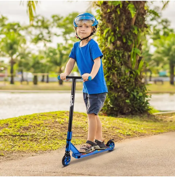Trotineta de cascadorii Malplay, ideala pentru Freestyle si mers in parc, cu maner T-Bar intarit, rulmenti ABEC-9 si roti de 10.5 cm, material constructie aluminiu si otel, capacitate de pana la 100 kg, Blue