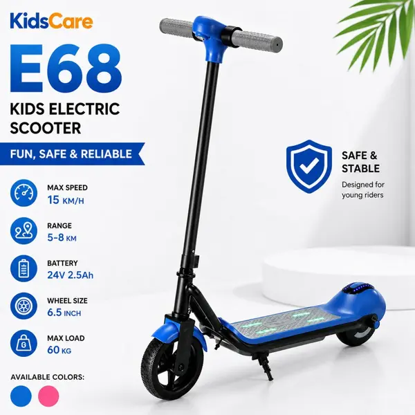 Trotineta electrica pentru copii KidsCare E68 Albastru, motor 110W, baterie 24V 2.5 Ah, viteza 15 kmh, bluetooth si lumini