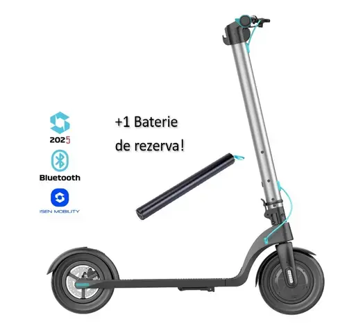 Trotineta electrica pliabila iSEN X7 Pro 2025, Aplicatie, roti 10inch, motor 350W, autonomie 25km, viteza 25km/h, baterie detasabila (Argintiu) +1 Baterie X7 Pro 36V