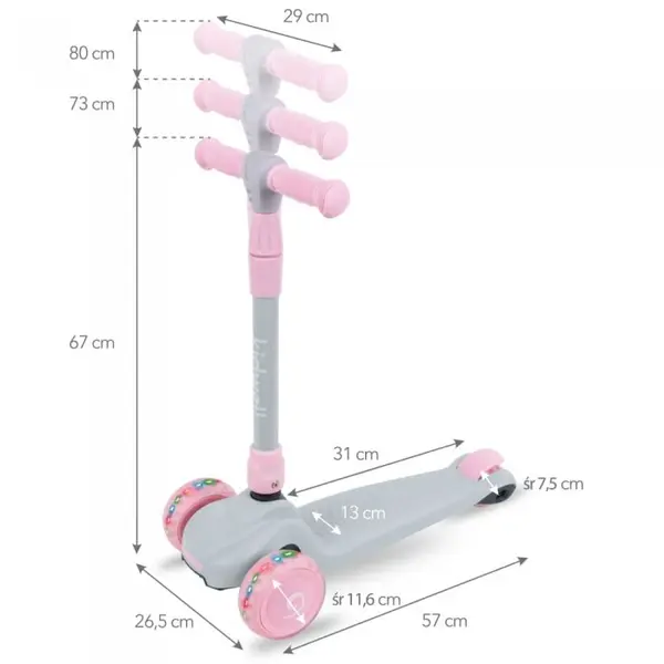 Trotineta Kidwell Jax Gray Pink cu 3 roti, pliabila, reglabila, din aluminiu, greutate admisa 50 kg, varsta 3 ani+