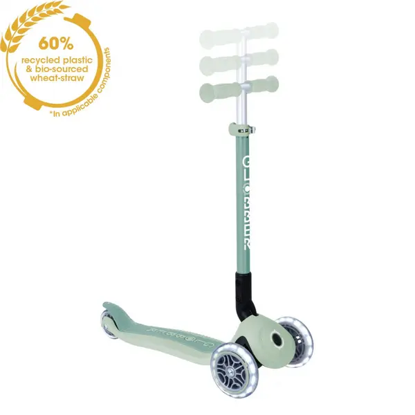 Trotineta pentru copii Globber Primo Fistic, ecologica, pliabila, cu roti LED, ghidon ajustabil pe 3 nivele, rulmenti ABEC 9