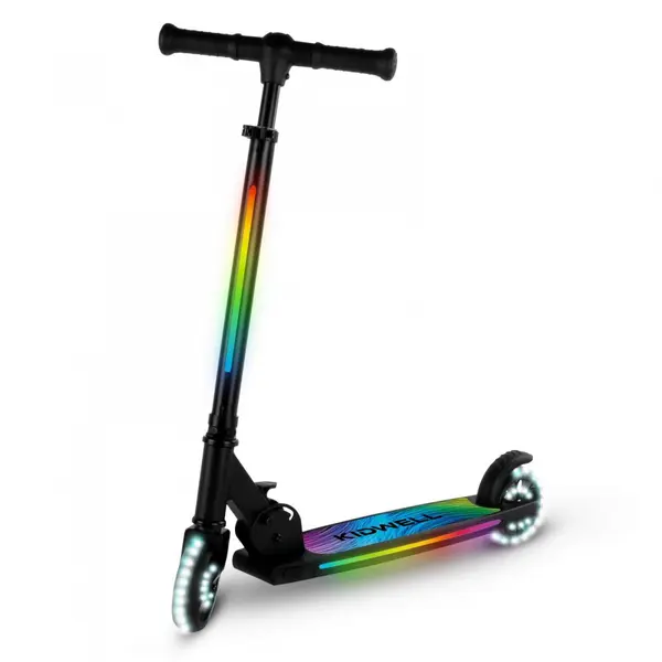 Trotineta pentru copii Kidwell Mido Black 3 in 1, pliabila, reglabila, cu 2 roti, cu iluminare LED incorporata, 5 ani+, pana la 100 kg