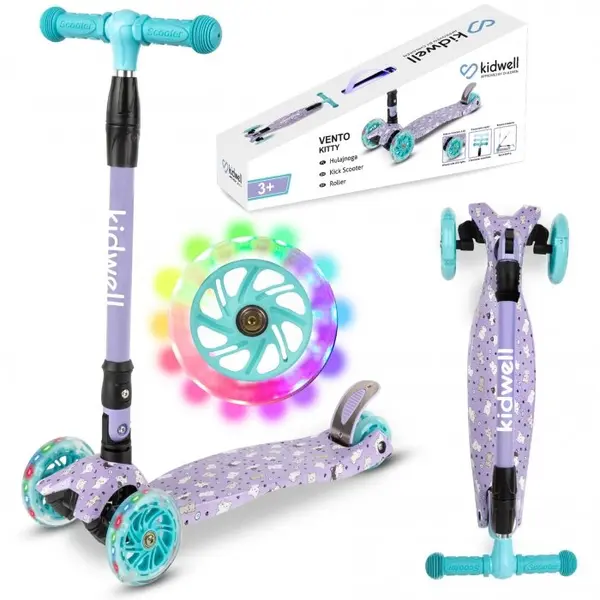 Trotineta pentru copii Kidwell Vento Kitty pliabila, roti cu led, ghidon din aluminiu reglabil, greutate admisa 50 kg, varsta 3 ani+
