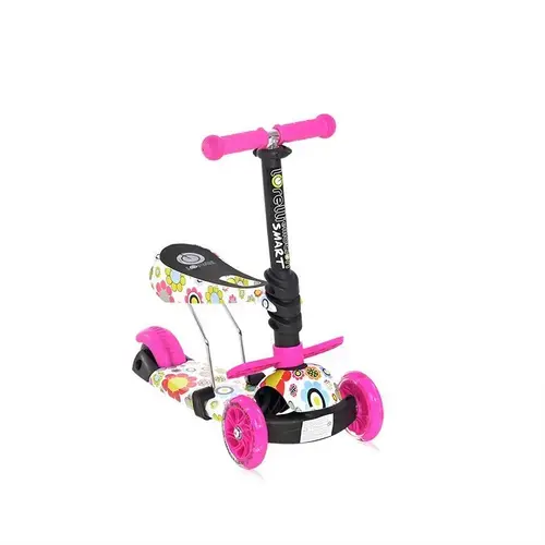 Trotineta pentru copii Lorelli Smart Pink Flowers, 3 ani+, sa detasabila, ghidon si sa reglabila pe inaltime in 3 pozitii, 2 roti luminoase pe fata