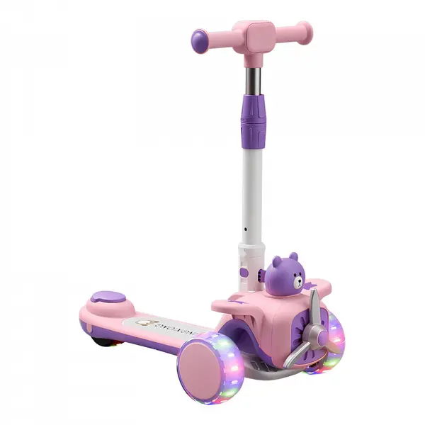 Trotineta pentru copii, Nichiduta, pliabila, cu Muzica si roti silentioase din PU cu lumini Led, ghidon reglabil pe inaltime, manere ergonomice, elice rotativa, dimensiune 59 x 30 x 73 cm, Purple Bear