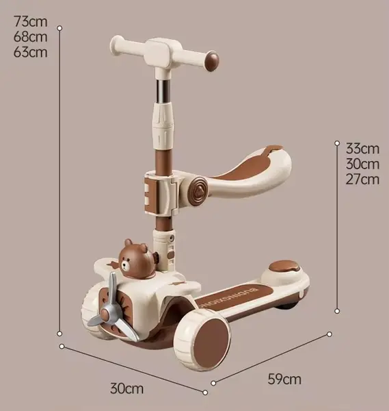 Trotineta pentru copii Nichiduta TeddyRide 3 in 1, pliabila, cu scaunel si maner parental, cu ghidon reglabil, manerele ergonomice, muzica, roti silentioase din PU cu lumini LED, dimensiune 59 x 30 x 73cm, Curry