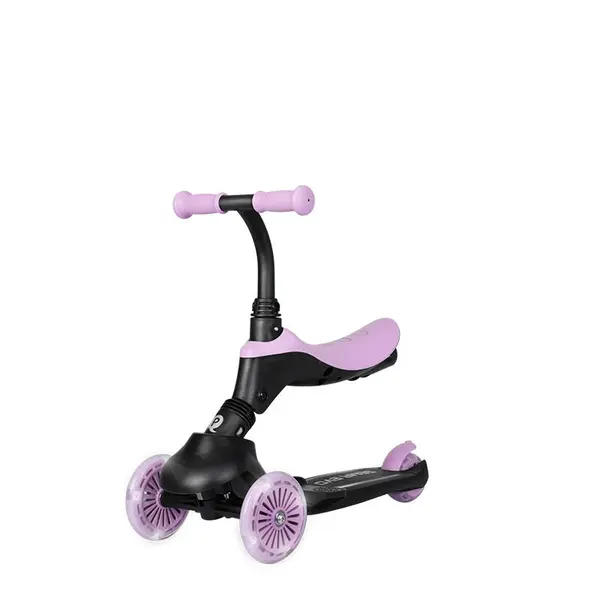 Trotineta pentru copii QPlay Sema EVO Violet 6 in 1 multifunctionala cu scaunel, maner telescopic parental, inaltime ajustabila, cadru din aluminiu, greutate admisa 50 kg