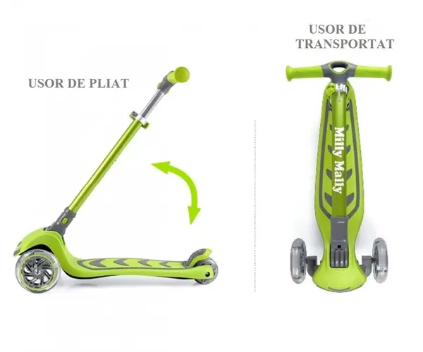 Trotineta pliabila Milly Mally Boogie Green, roti din silicon cu Led, platforma antiderapanta, greutate admisa 50 kg