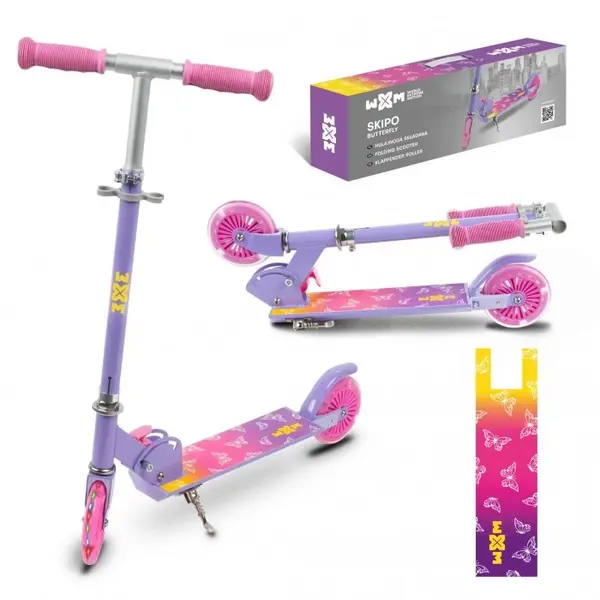 Trotineta pliabila pentru copii WXM Skipo Butterfly, cadru din aluminiu, roti cu lumini led, greutate admisa 50 kg