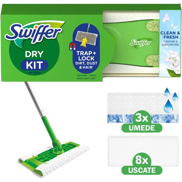 Trusa de baza cu Mop Uscat Umed Swiffer Trap Lock 1 Mop, 8 Rezerve lavete uscate + 3 Rezerve lavete umede