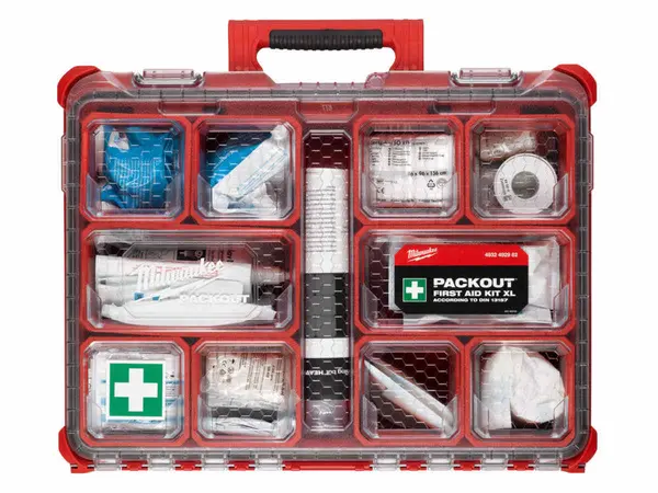 Trusa de prim ajutor Milwaukee Packout XL, 10 compartimente detasabile, contine plasturi, bandaje, foarfeca, solutii spalare, IP65, 4932492962